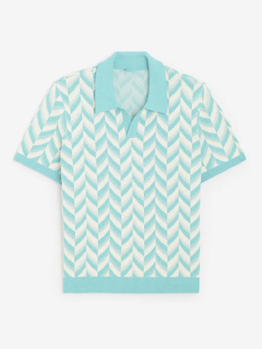 Aqua Blue Chevron Ribbed Knit Polo
