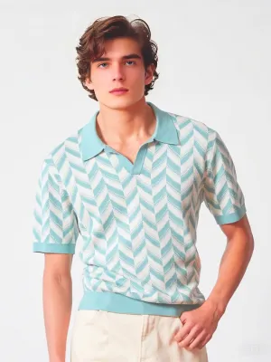 Aqua Blue Chevron Ribbed Knit Polo