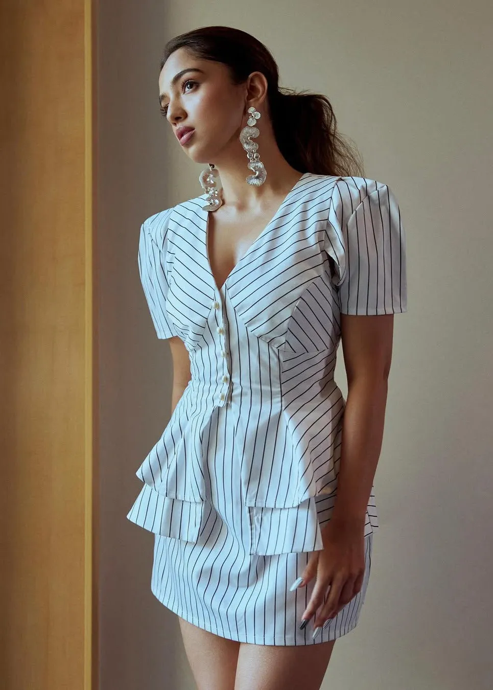 Bexley White Asymmetrical Striped Top with Mini Shrug