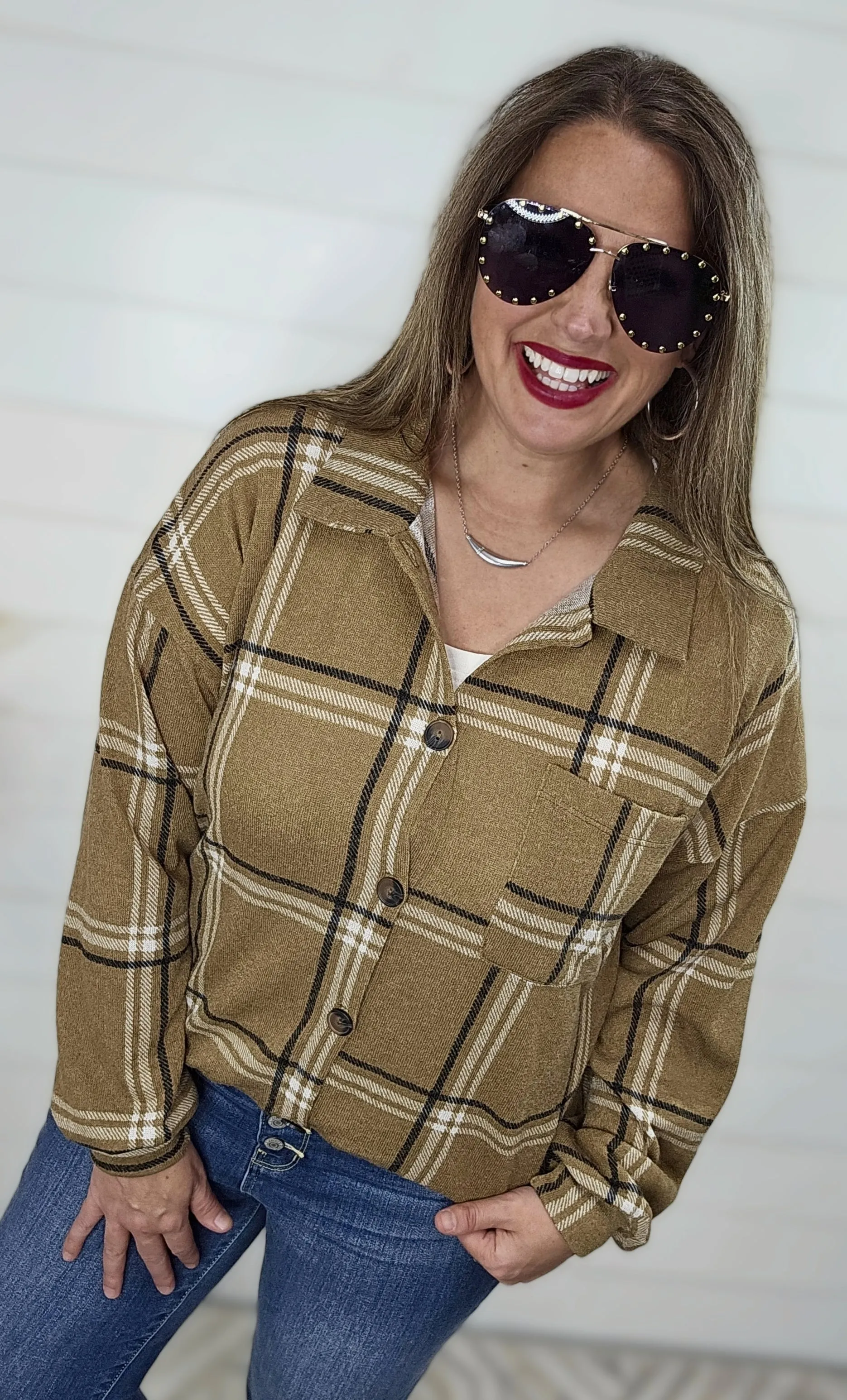 CAMEL PLAID CHECK BUTTON DOWN TOP