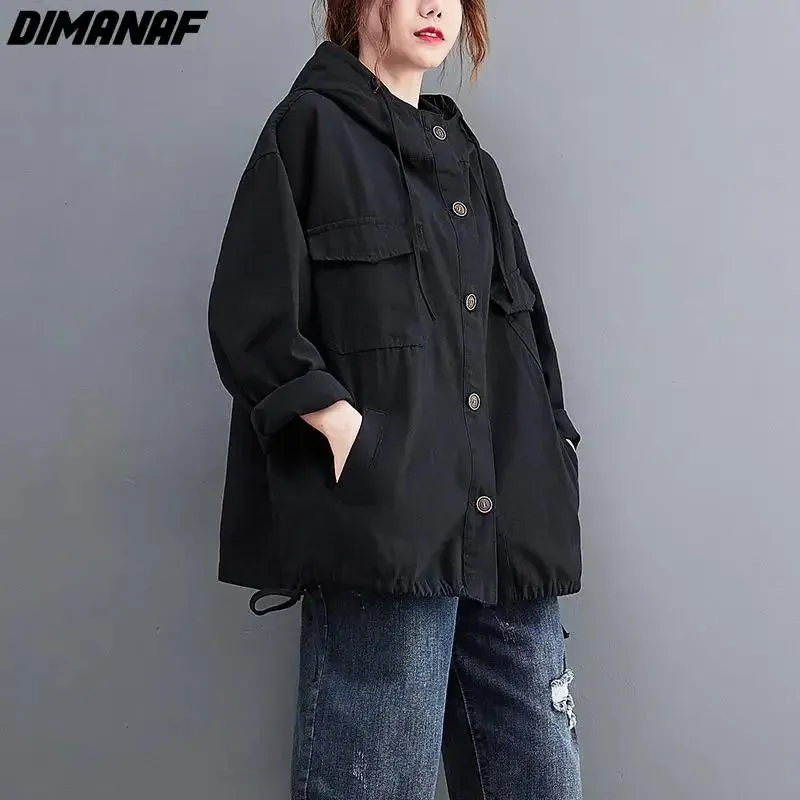 DIMANAF New Oversize Jackets Female Women Cotton Black Spliced Coat Solid Red