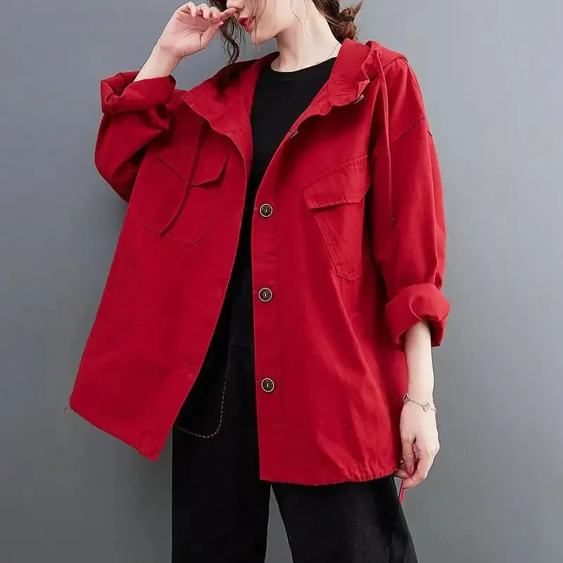 DIMANAF New Oversize Jackets Female Women Cotton Black Spliced Coat Solid Red