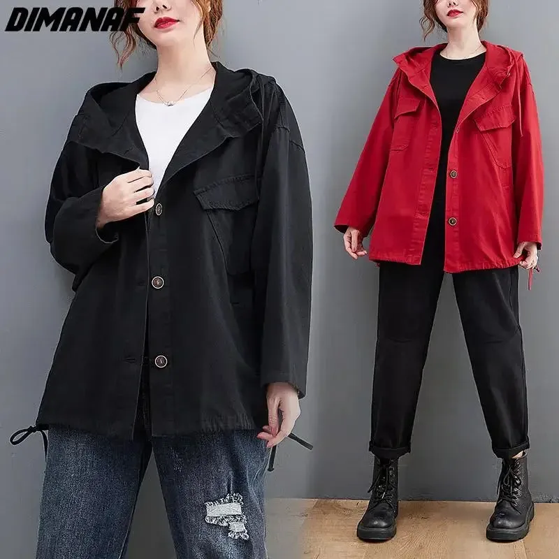 DIMANAF New Oversize Jackets Female Women Cotton Black Spliced Coat Solid Red