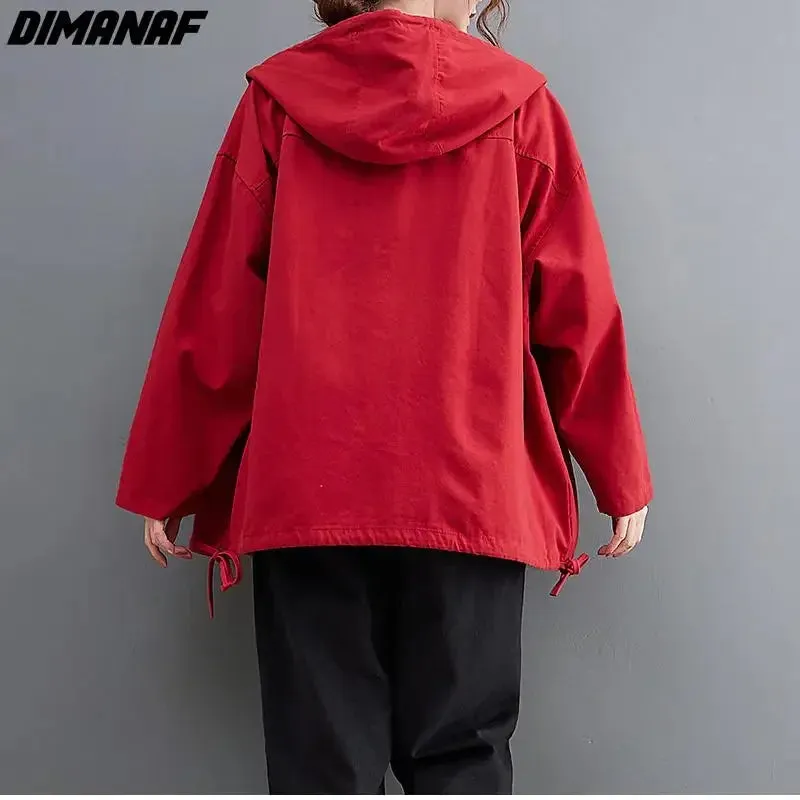 DIMANAF New Oversize Jackets Female Women Cotton Black Spliced Coat Solid Red
