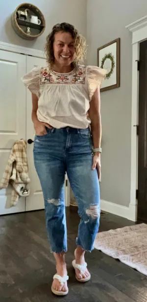 Floral embroidery flutter top