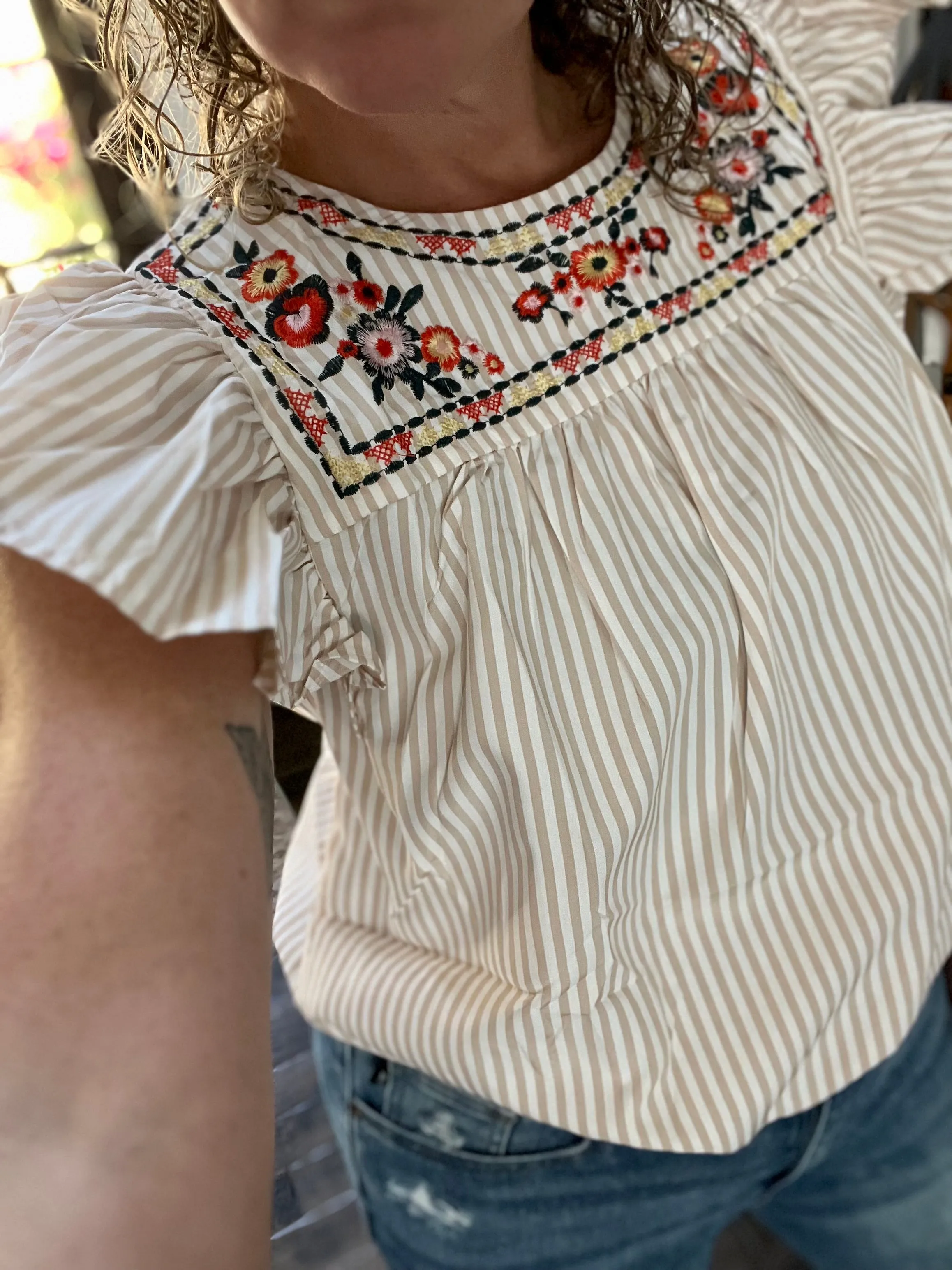 Floral embroidery flutter top