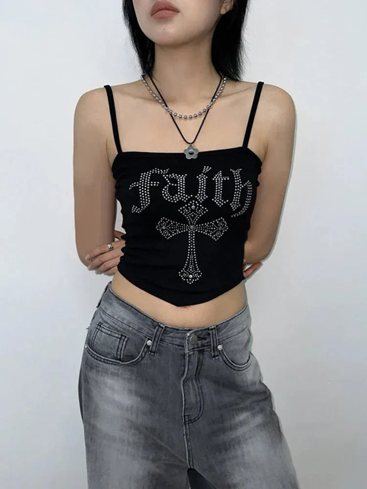 Gothic Straps Y2K Street Crop Vintage Spaghetti Grunge Cross Corset Hot Rhinestone Top