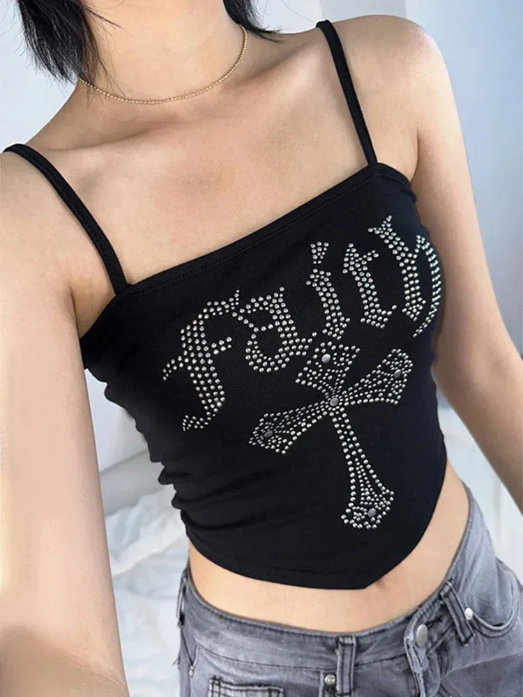 Gothic Straps Y2K Street Crop Vintage Spaghetti Grunge Cross Corset Hot Rhinestone Top