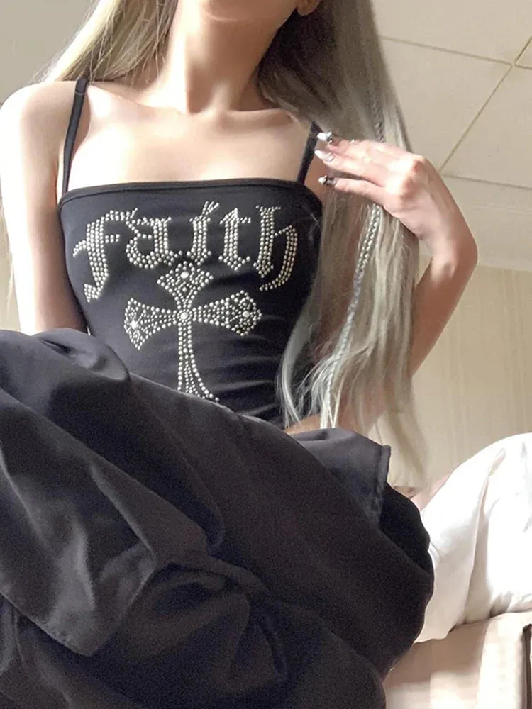 Gothic Straps Y2K Street Crop Vintage Spaghetti Grunge Cross Corset Hot Rhinestone Top