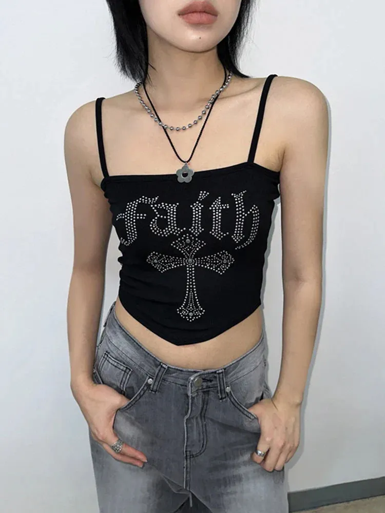 Gothic Straps Y2K Street Crop Vintage Spaghetti Grunge Cross Corset Hot Rhinestone Top
