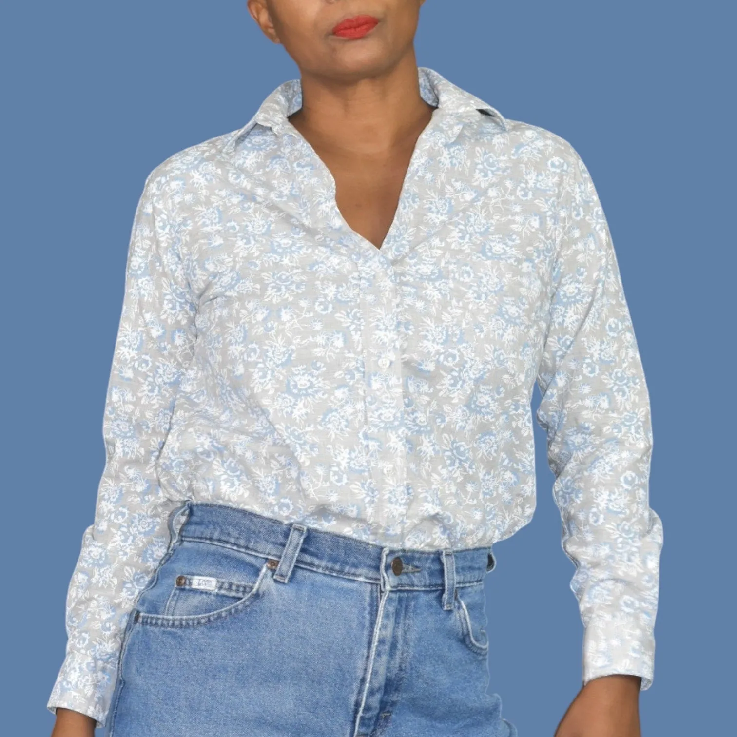 Grayson Hero Shirt Grey Floral Boyfriend Button Front Cotton Tumbled Classic Size XS