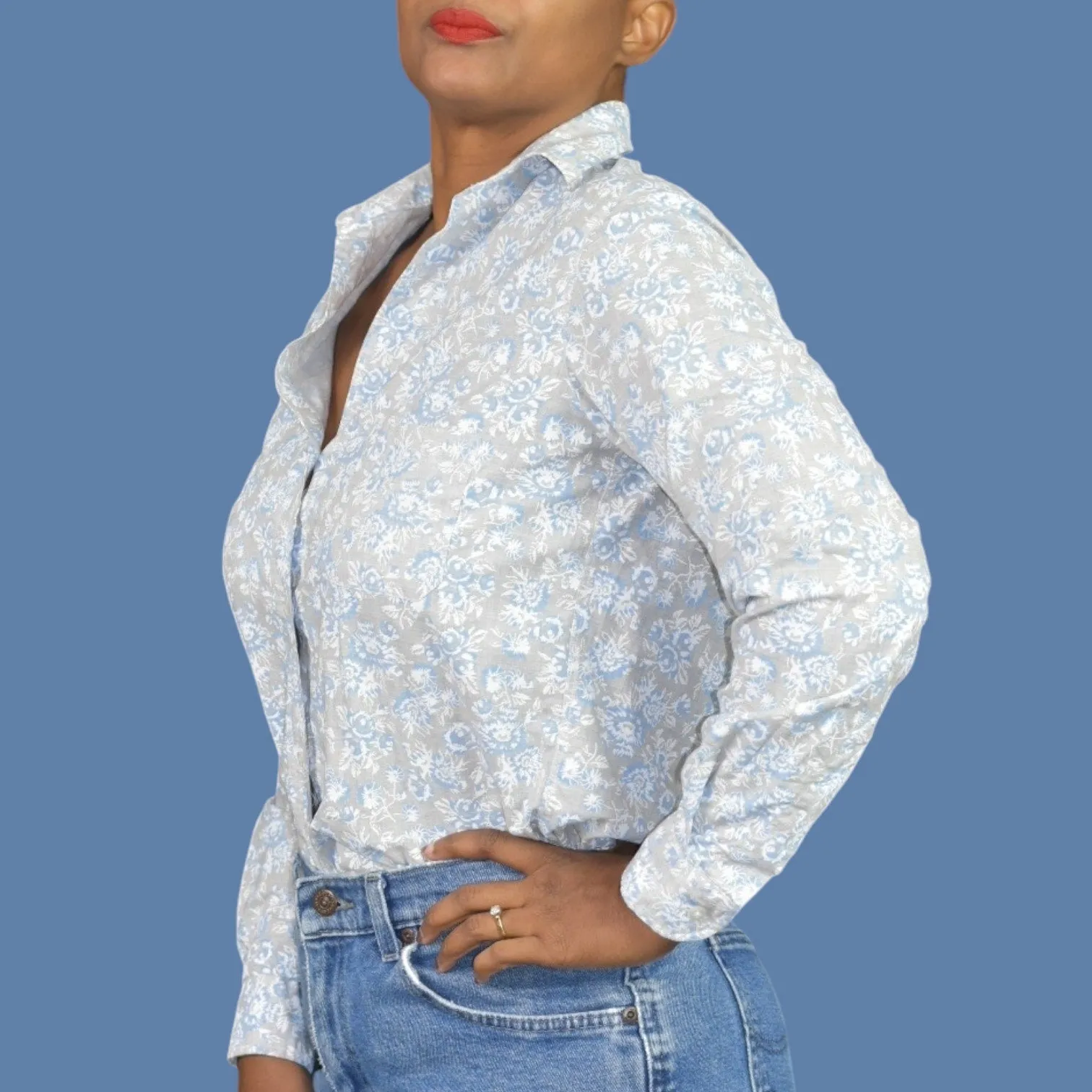 Grayson Hero Shirt Grey Floral Boyfriend Button Front Cotton Tumbled Classic Size XS