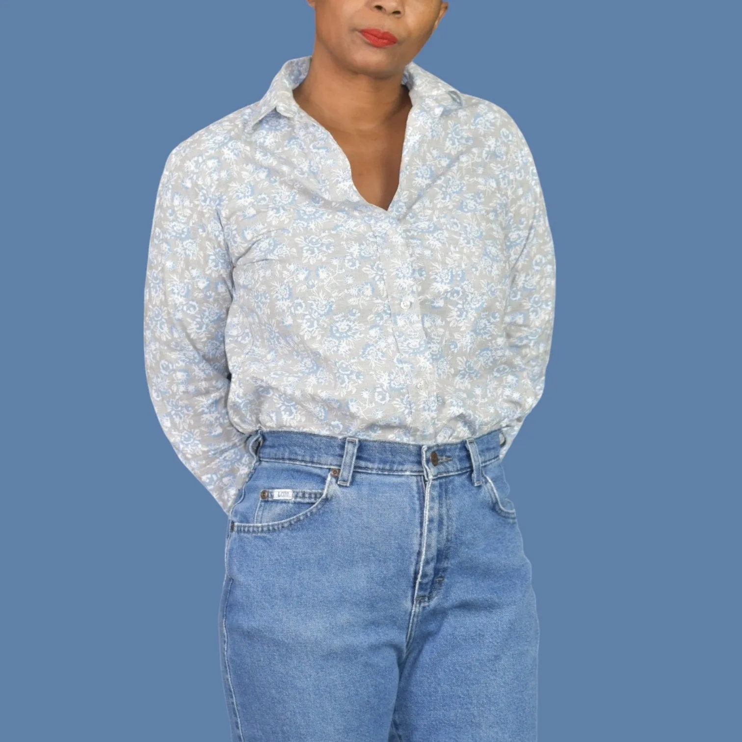 Grayson Hero Shirt Grey Floral Boyfriend Button Front Cotton Tumbled Classic Size XS