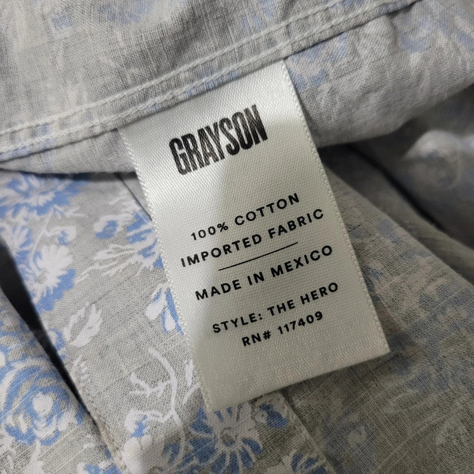 Grayson Hero Shirt Grey Floral Boyfriend Button Front Cotton Tumbled Classic Size XS