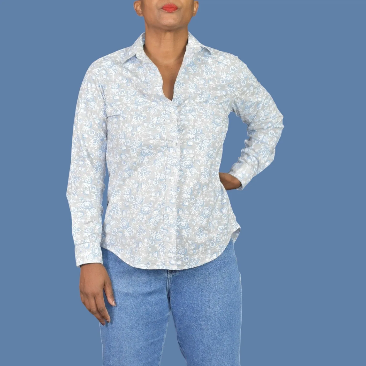 Grayson Hero Shirt Grey Floral Boyfriend Button Front Cotton Tumbled Classic Size XS
