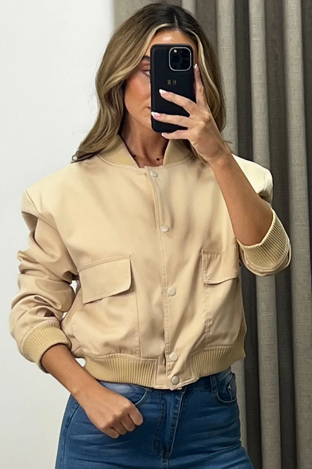 Kienna Beige Pocket Detail Cropped Cargo Bomber Jacket