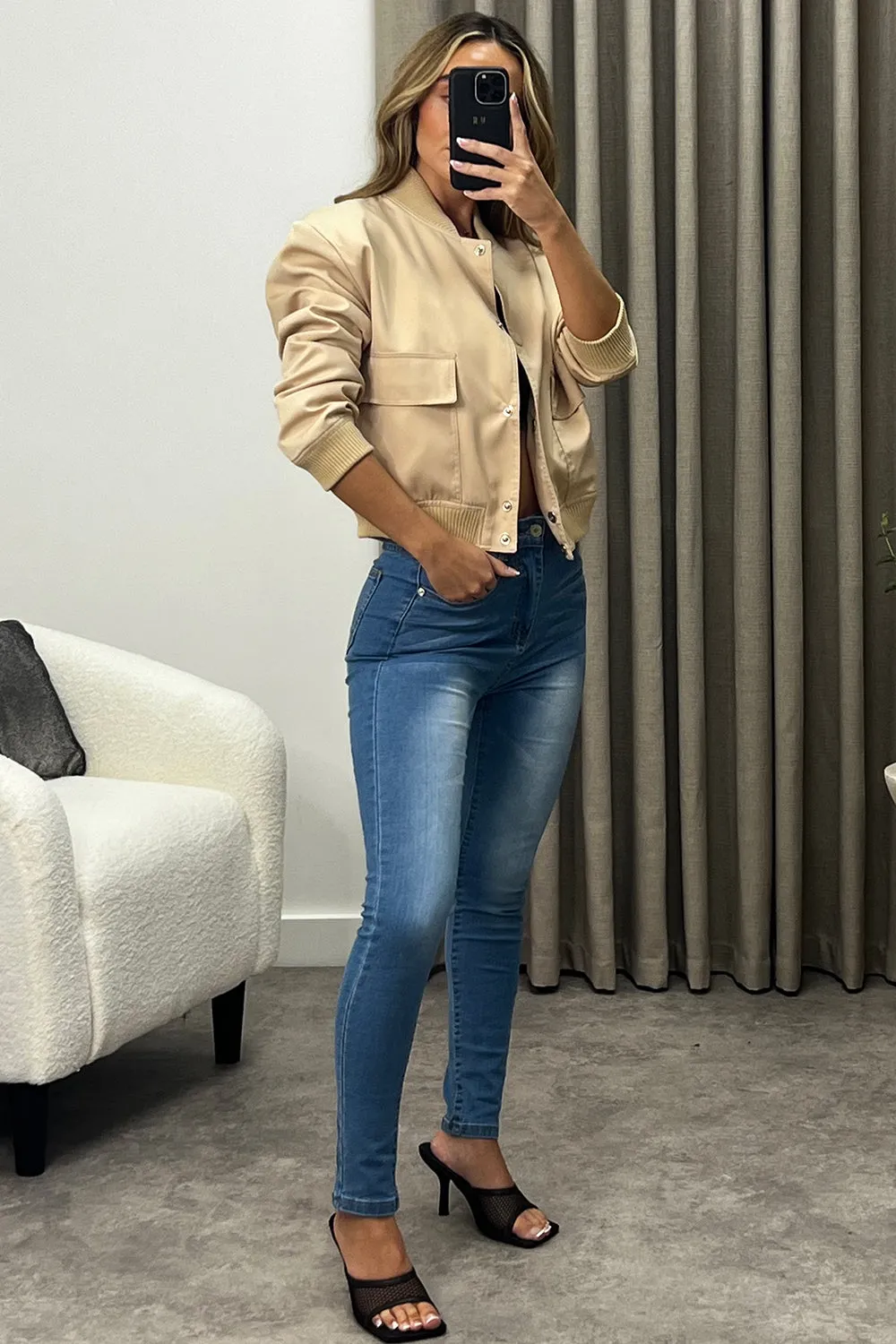 Kienna Beige Pocket Detail Cropped Cargo Bomber Jacket