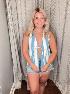 Love Life Striped Bow Tie Top/ Blue-Cream