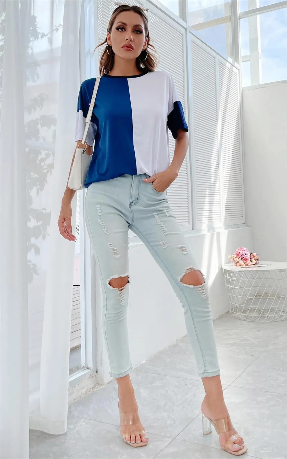 Relaxed Striped & White Colour Block Simple Style T Shirt Top In Navy
