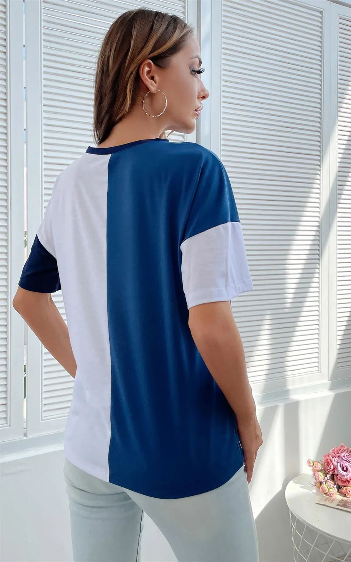 Relaxed Striped & White Colour Block Simple Style T Shirt Top In Navy