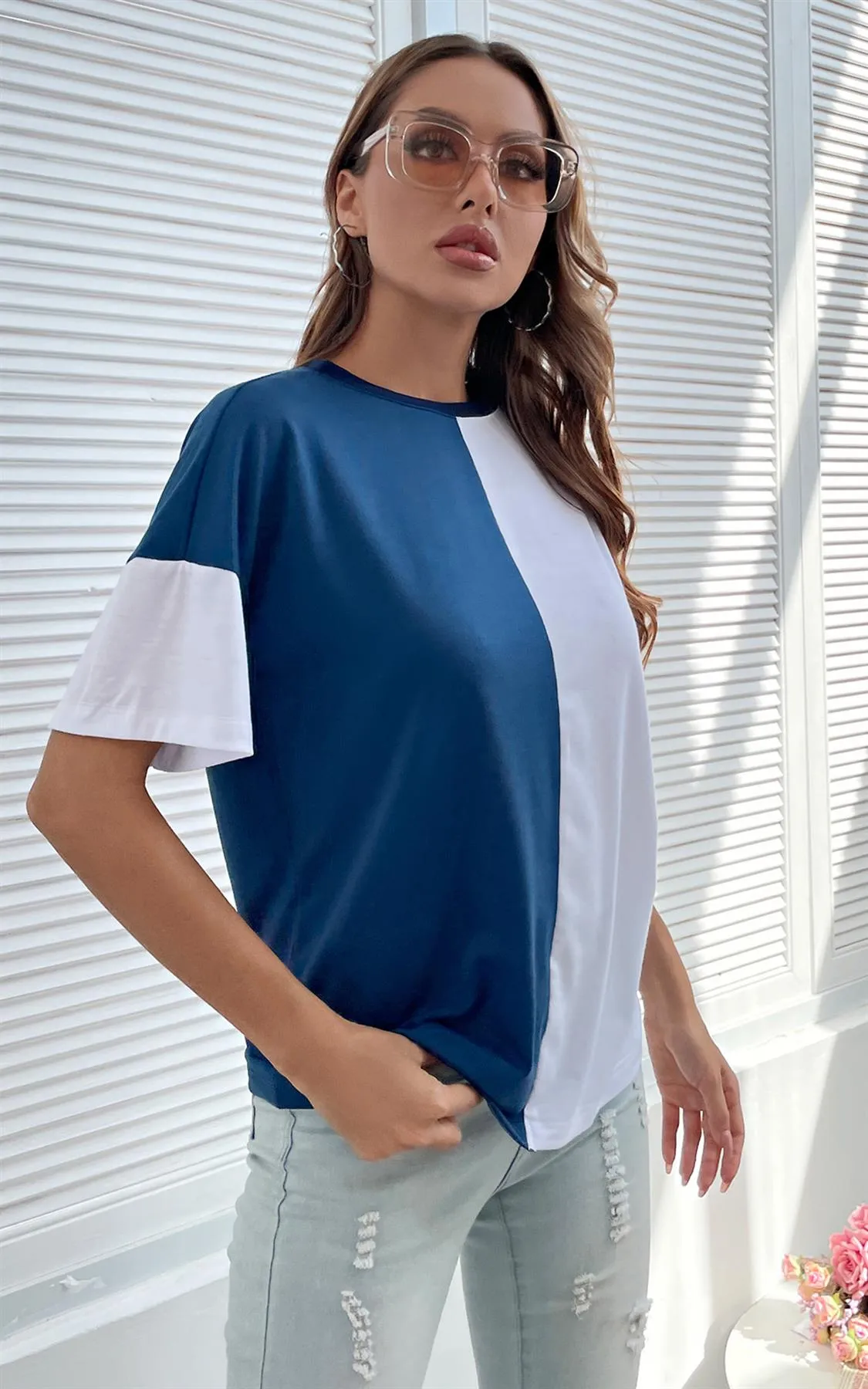 Relaxed Striped & White Colour Block Simple Style T Shirt Top In Navy