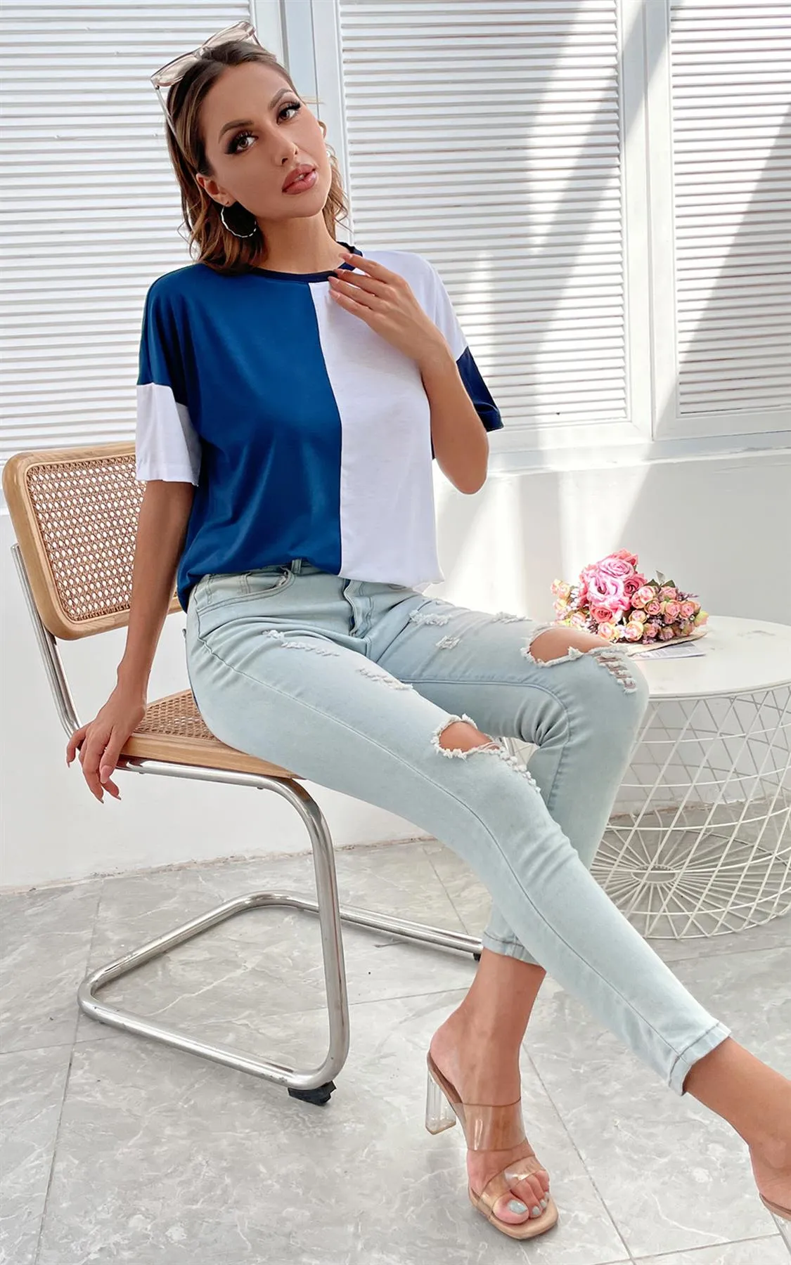 Relaxed Striped & White Colour Block Simple Style T Shirt Top In Navy