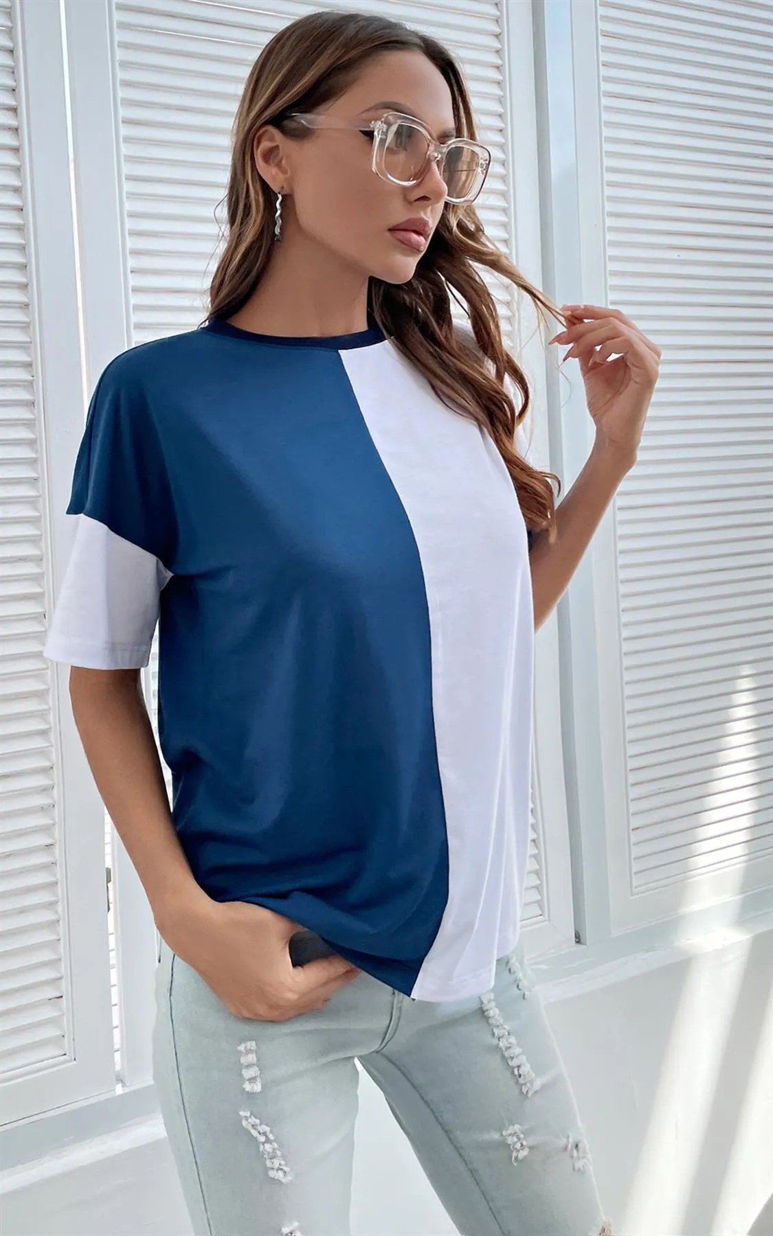 Relaxed Striped & White Colour Block Simple Style T Shirt Top In Navy