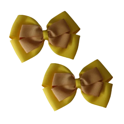 School Hair Accessories - Double Cherish Hair Bow 11cm - Daffodil Yellow Base & Centre Ribbon (24 colours top)