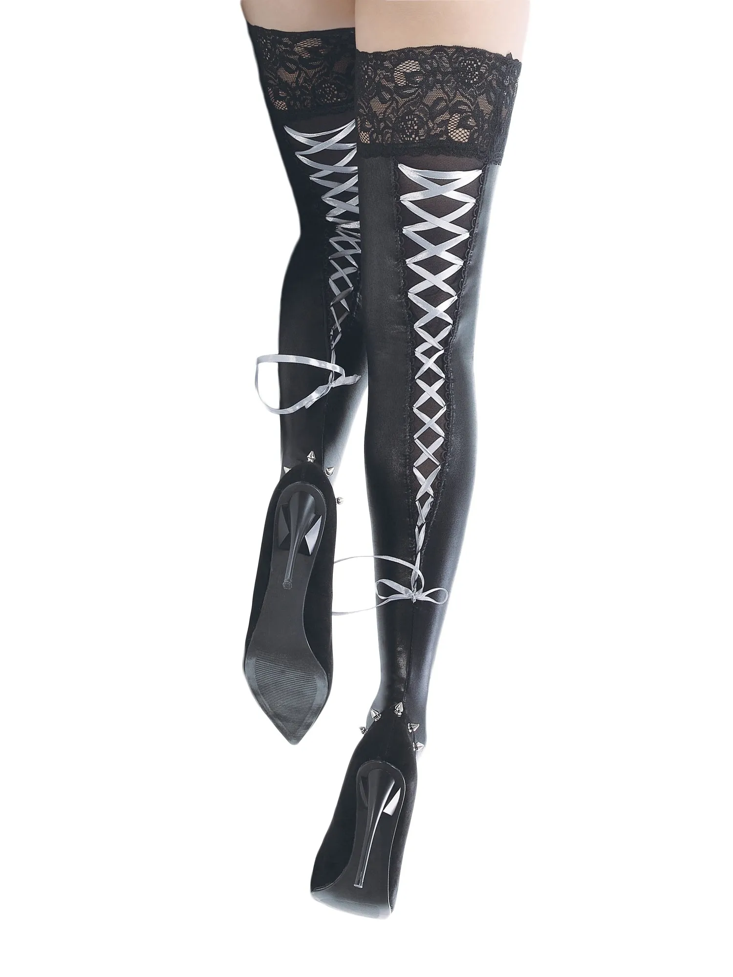 Wetlook Laced Stockings with Back Ribbon Lacing