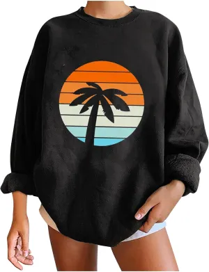 Women Oversized Tropical Palm Trees Graphic Sweatshirts Beach Vintage Style Fashion Long Sleeve Crewneck Pullovers