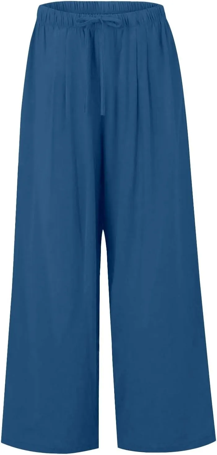 Women Summer Elastic High Waisted Linen Palazzo Pants Wide Leg Long Ruched Joggers Pant Trousers with Pocket