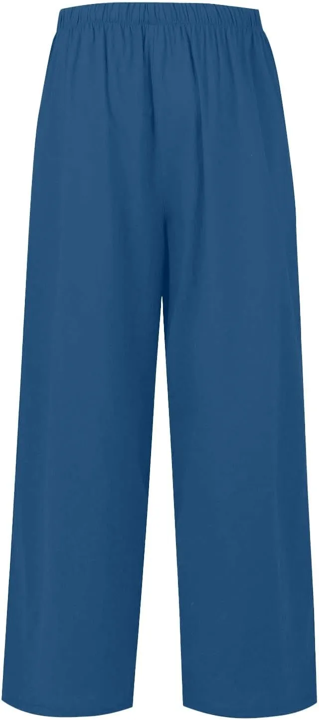 Women Summer Elastic High Waisted Linen Palazzo Pants Wide Leg Long Ruched Joggers Pant Trousers with Pocket