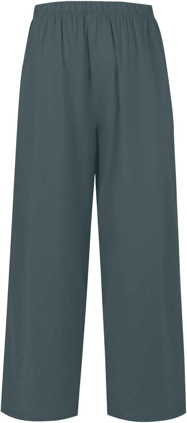Women Summer Elastic High Waisted Linen Palazzo Pants Wide Leg Long Ruched Joggers Pant Trousers with Pocket