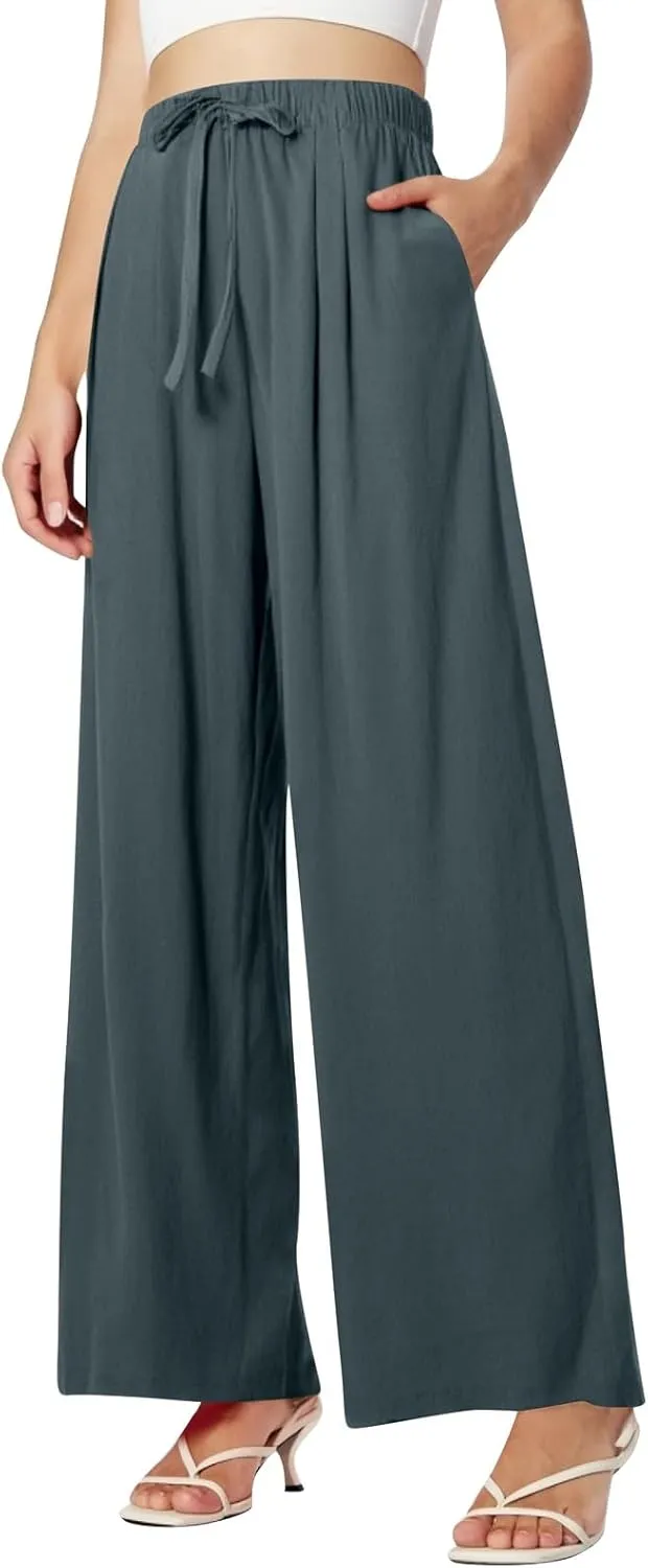 Women Summer Elastic High Waisted Linen Palazzo Pants Wide Leg Long Ruched Joggers Pant Trousers with Pocket