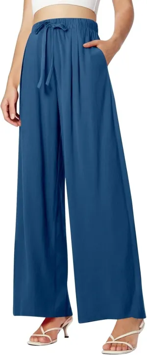 Women Summer Elastic High Waisted Linen Palazzo Pants Wide Leg Long Ruched Joggers Pant Trousers with Pocket