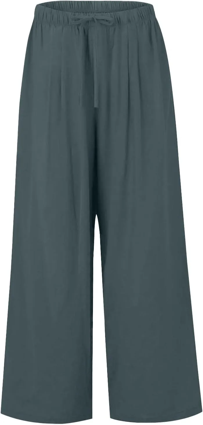 Women Summer Elastic High Waisted Linen Palazzo Pants Wide Leg Long Ruched Joggers Pant Trousers with Pocket