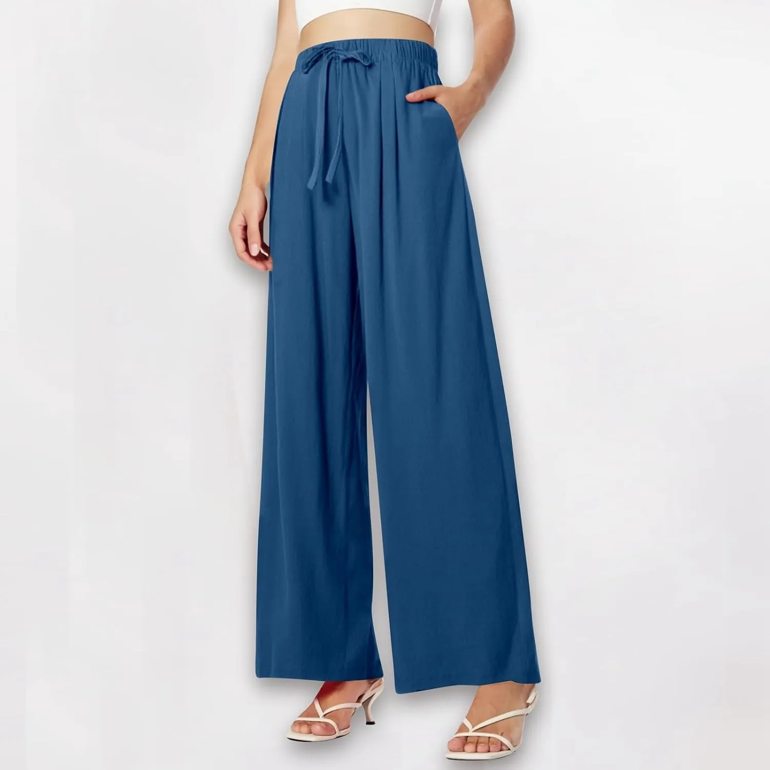 Women Summer Elastic High Waisted Linen Palazzo Pants Wide Leg Long Ruched Joggers Pant Trousers with Pocket