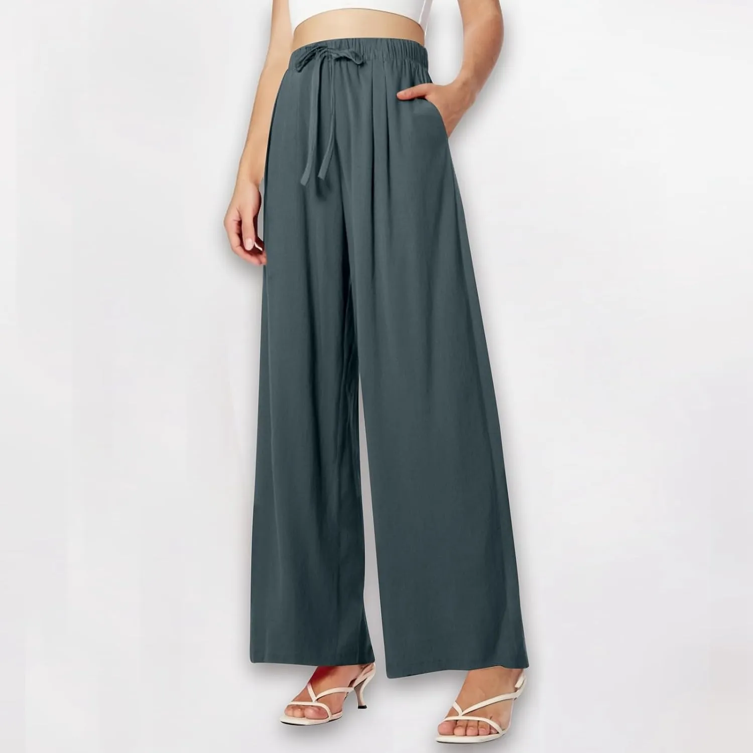 Women Summer Elastic High Waisted Linen Palazzo Pants Wide Leg Long Ruched Joggers Pant Trousers with Pocket