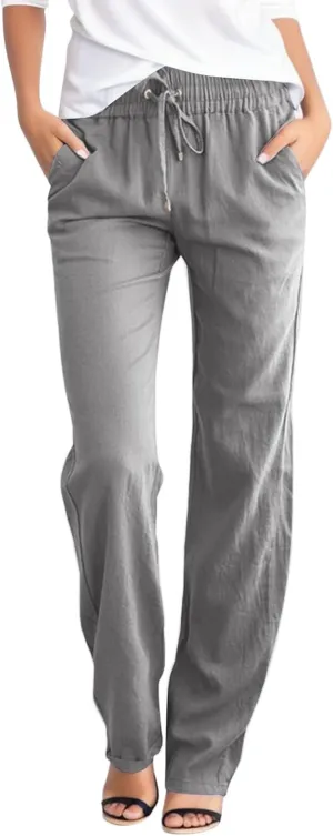 Women Wide Leg Linen Pants Summer Dressy High Waist Palazzo Pant Soft Split Trousers with Pockets