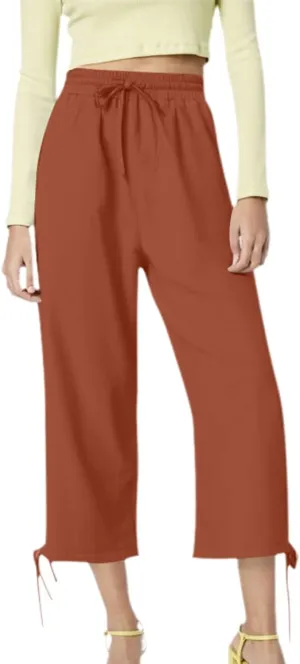 Women's Wide Leg Linen Pants Summer Casual Elastic High Waist Palazzo Pant Dress Tie Knot Trouser with Pocket